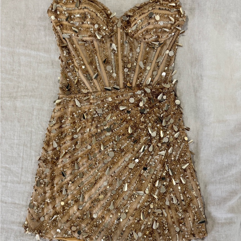 Sherri Hill Gold Sequin Strapless Mini Dress